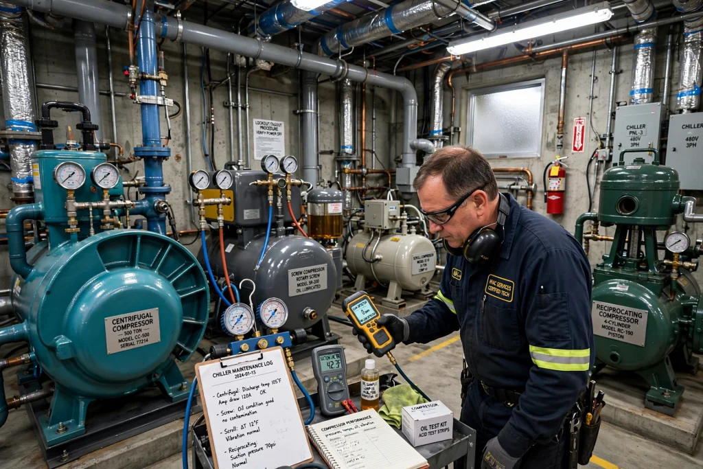 chilled water pumps being inspected in a commercial chiller plant