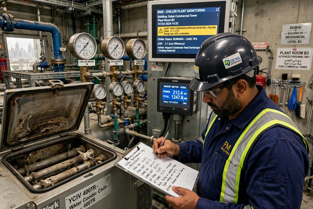 commercial HVAC technician checking chilled water flow and system temperatures