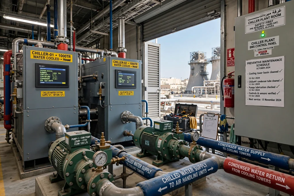 Central chiller systems are among the most effective HVAC solutions for large warehouses and industrial buildings with significant cooling demands.

A chiller plant uses chilled water to remove heat from indoor spaces through a network of pumps, air handling units, and cooling coils. The major components include chillers, compressors, condensers, evaporators, pumps, cooling towers, and control systems.

Water cooled chillers are commonly used in large industrial projects because they provide excellent energy efficiency when properly maintained. These systems use cooling towers to reject heat and maintain efficient operation.

Air cooled chillers are also widely used where water availability, maintenance requirements, or project conditions make them more suitable.

Industrial facilities in Abu Dhabi and Dubai often operate continuously, meaning HVAC systems must deliver reliable cooling throughout the year. Proper chiller selection, commissioning, and preventive maintenance are essential to prevent unexpected downtime.

A well-designed chiller system provides:

Stable temperature control

Lower operating costs

Improved energy efficiency

Reliable long-term performance

Better environmental control