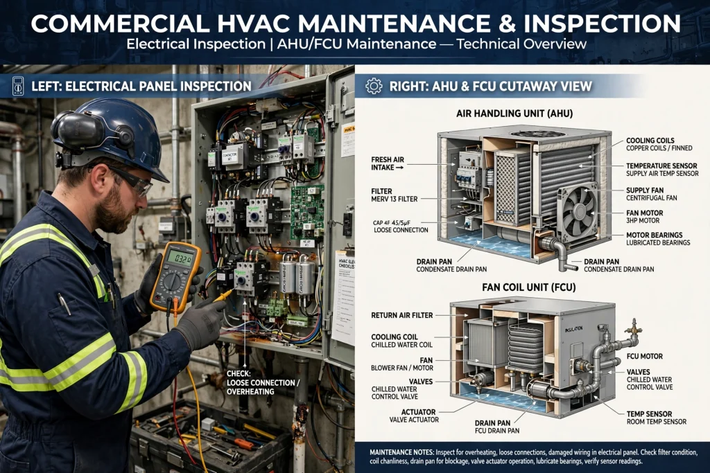 cooling tower equipment undergoing preventive maintenance at a commercial building
