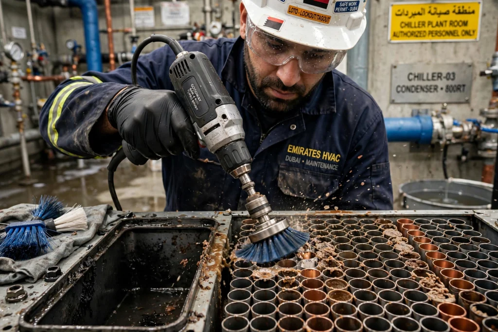 Mineral scale buildup affecting chiller heat transfer tubes