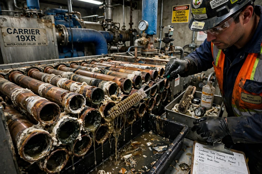 water cooled chiller being serviced in a commercial cooling plant