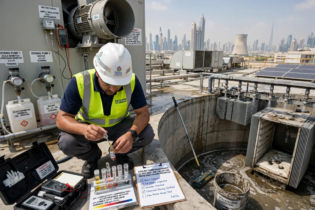 Technician performing chiller tube maintenance in Dubai