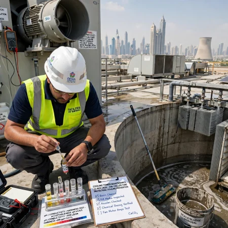Technician performing chiller tube maintenance in Dubai
