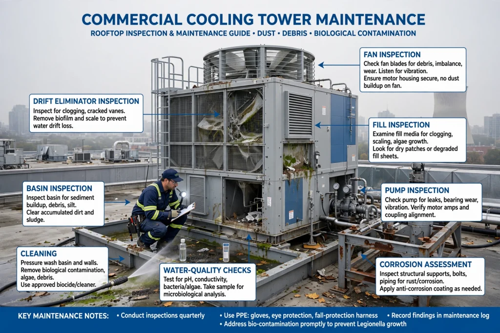 chilled water pumps and valves being inspected in a commercial HVAC plant