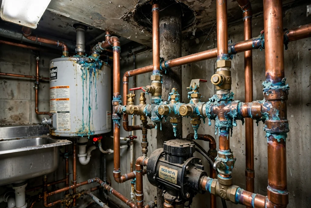 Rusty galvanized steel water pipe in an old plumbing system