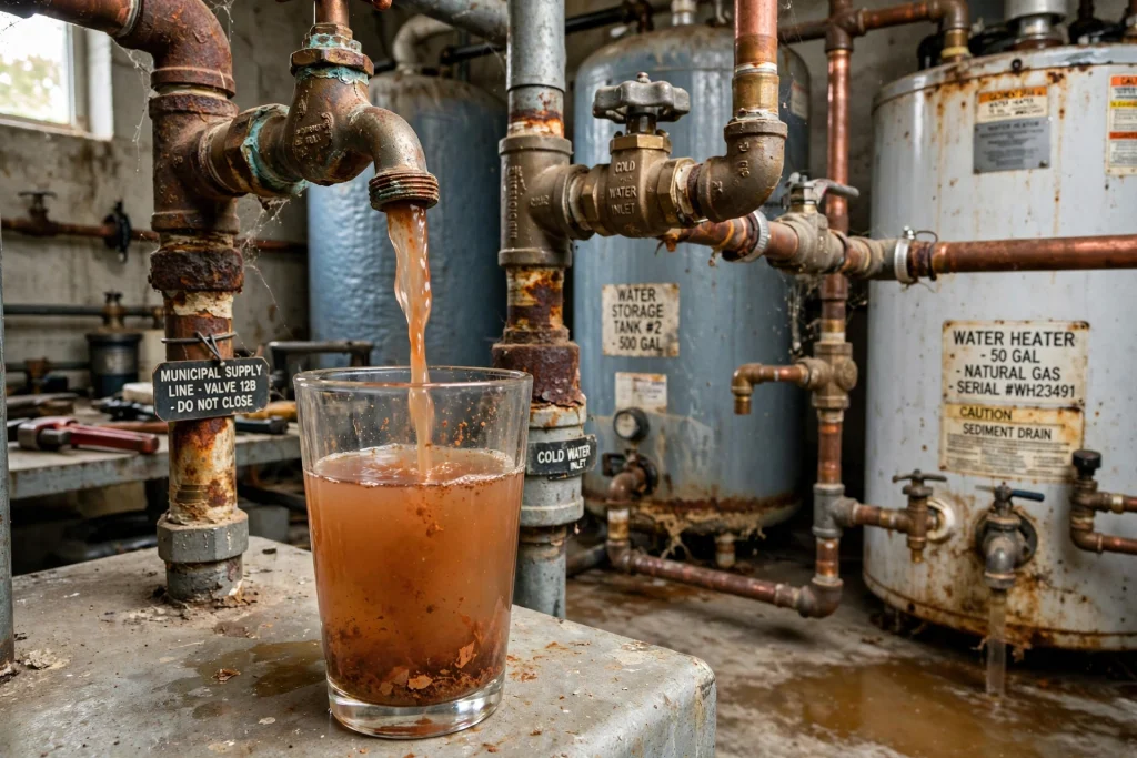 Rust buildup inside an old metal water pipe