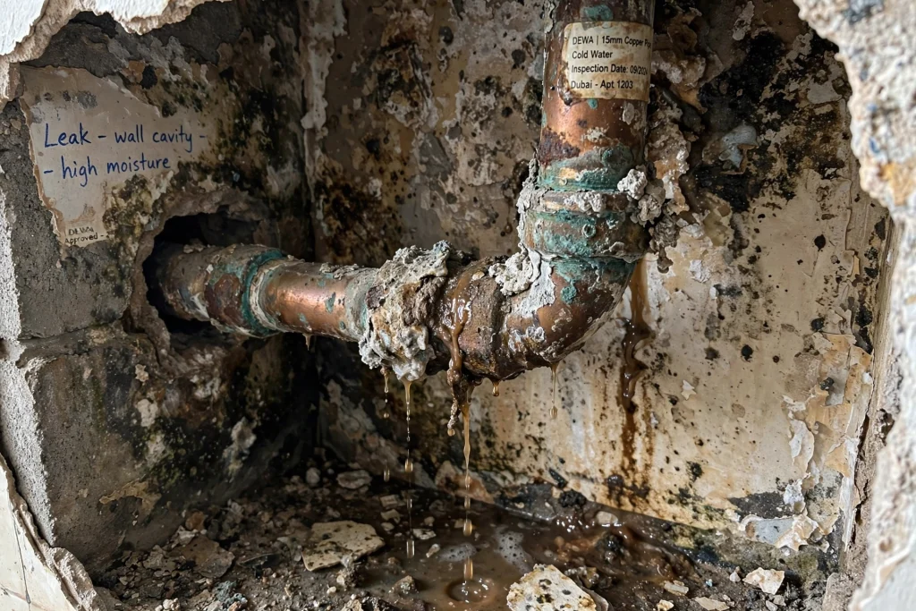 Corroded water pipe showing signs of rust and deterioration