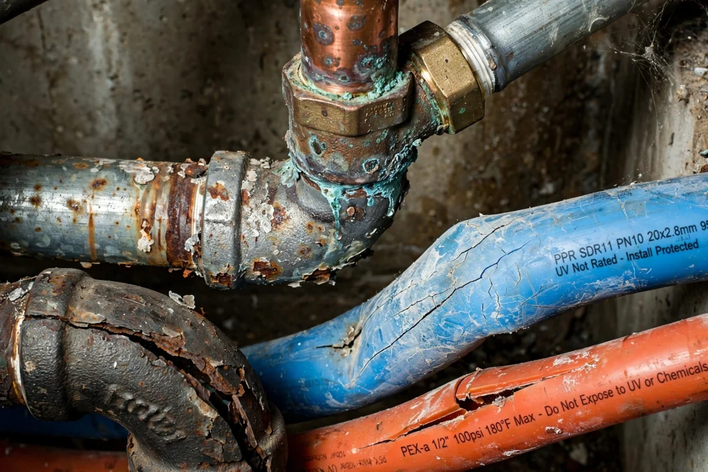 Corroded pipe fitting showing signs of water leakage