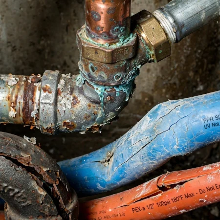 Corroded pipe fitting showing signs of water leakage