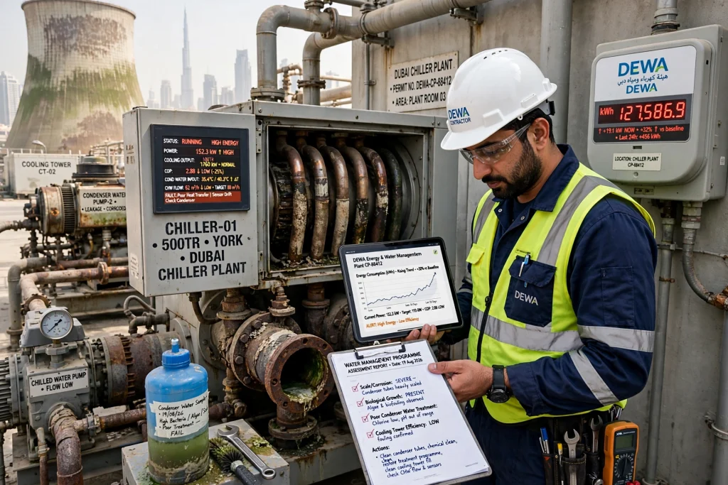 technician checking refrigerant system conditions during chiller repair