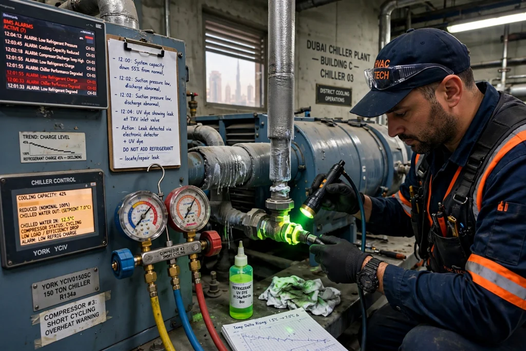 technician checking a water cooled chiller for pressure and temperature issues