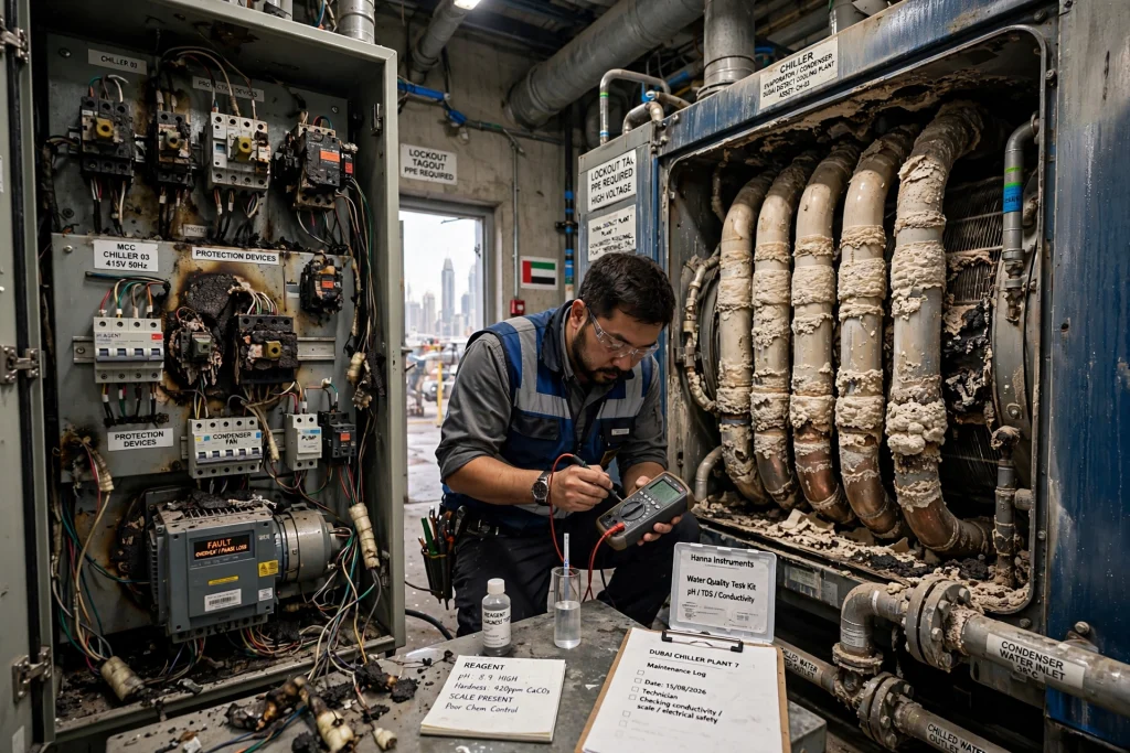 commercial cooling tower being inspected for chiller heat rejection problems