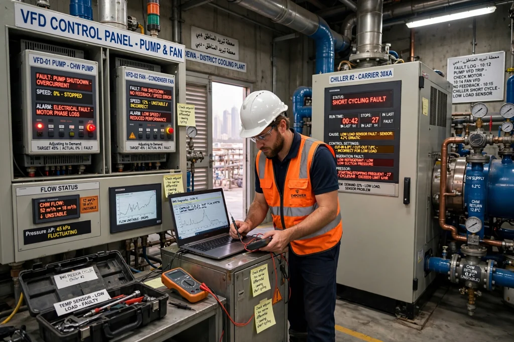 technician checking chilled water pumps and flow conditions