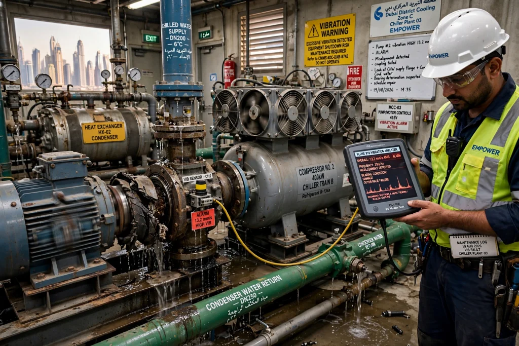 HVAC technician inspecting chiller evaporator and heat transfer components