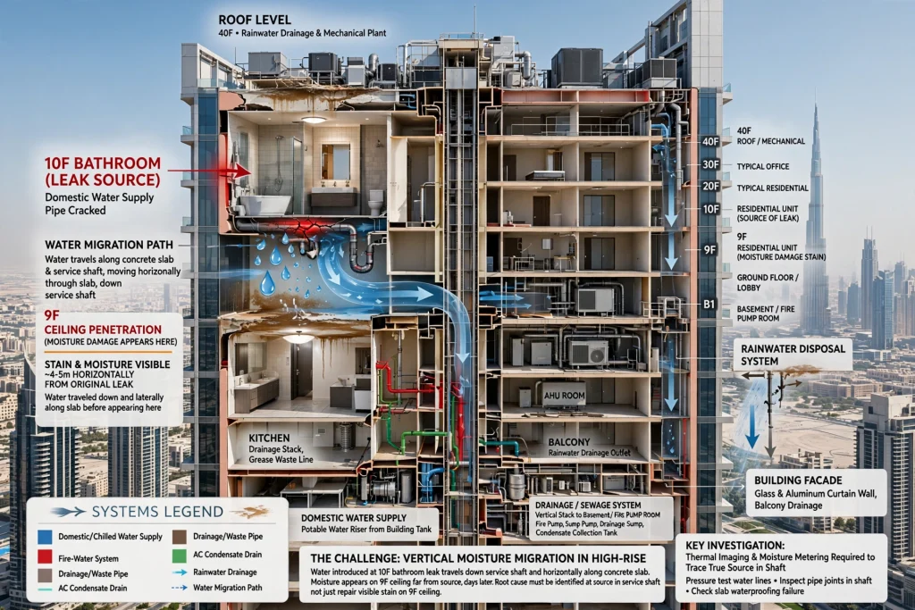 water damage on ceiling of high-rise apartment