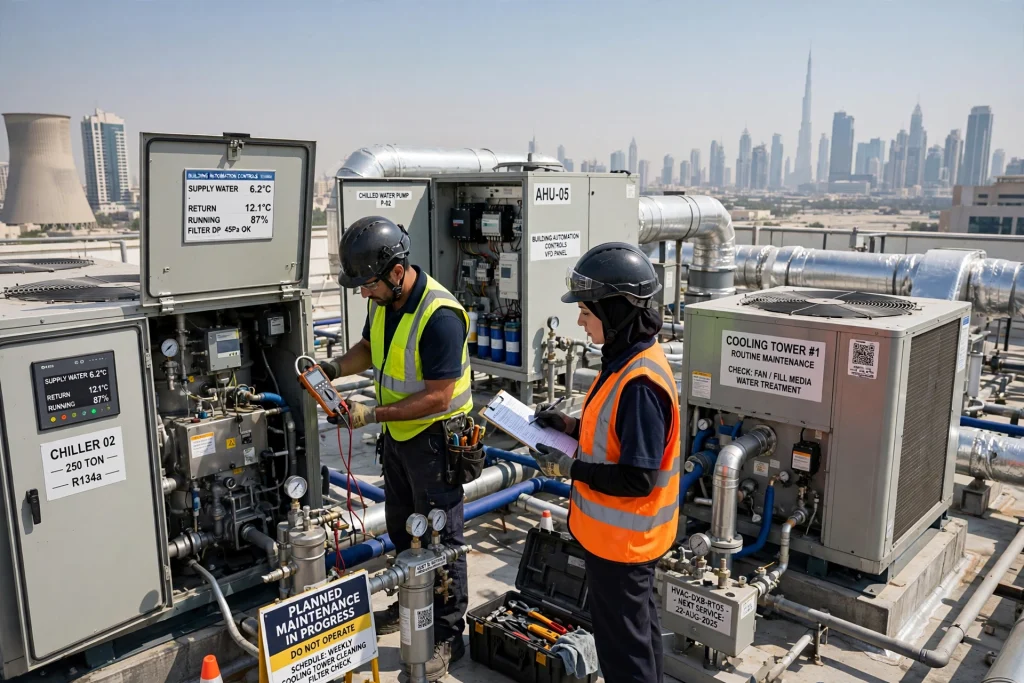 commercial HVAC technician inspecting an air conditioning system