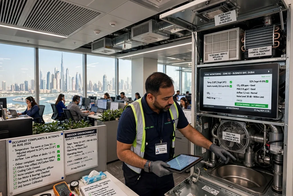 Air conditioning filter inspection during HVAC maintenance