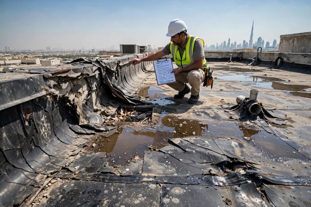 Professional roof leak repair for water intrusion in a Dubai building