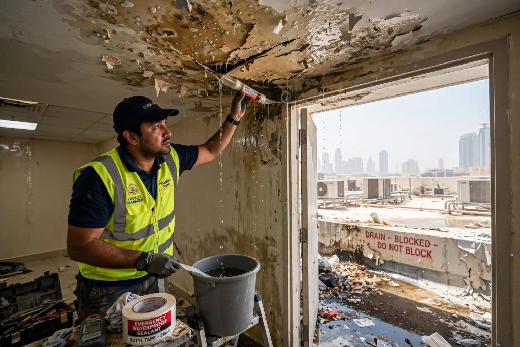 Emergency waterproofing service for an active building water leak in Dubai