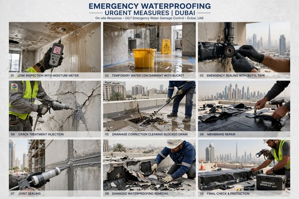 Emergency roof waterproofing repair to stop active water leakage