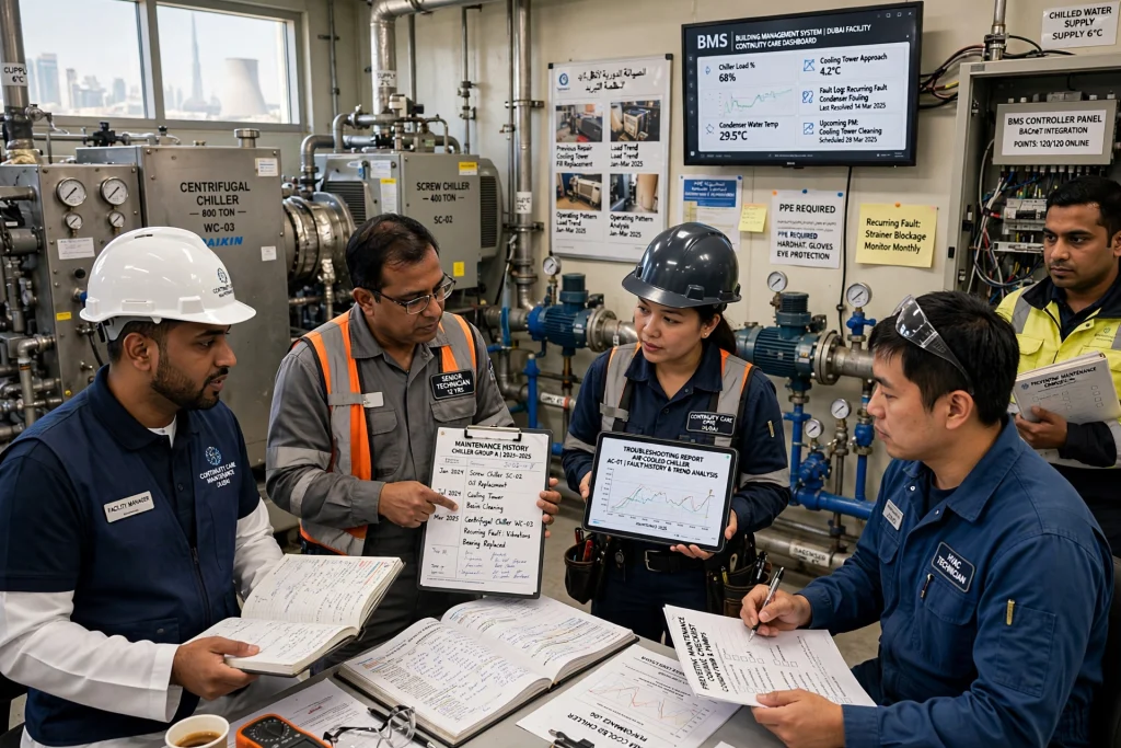 technician inspecting air handling unit connected to a chilled water system