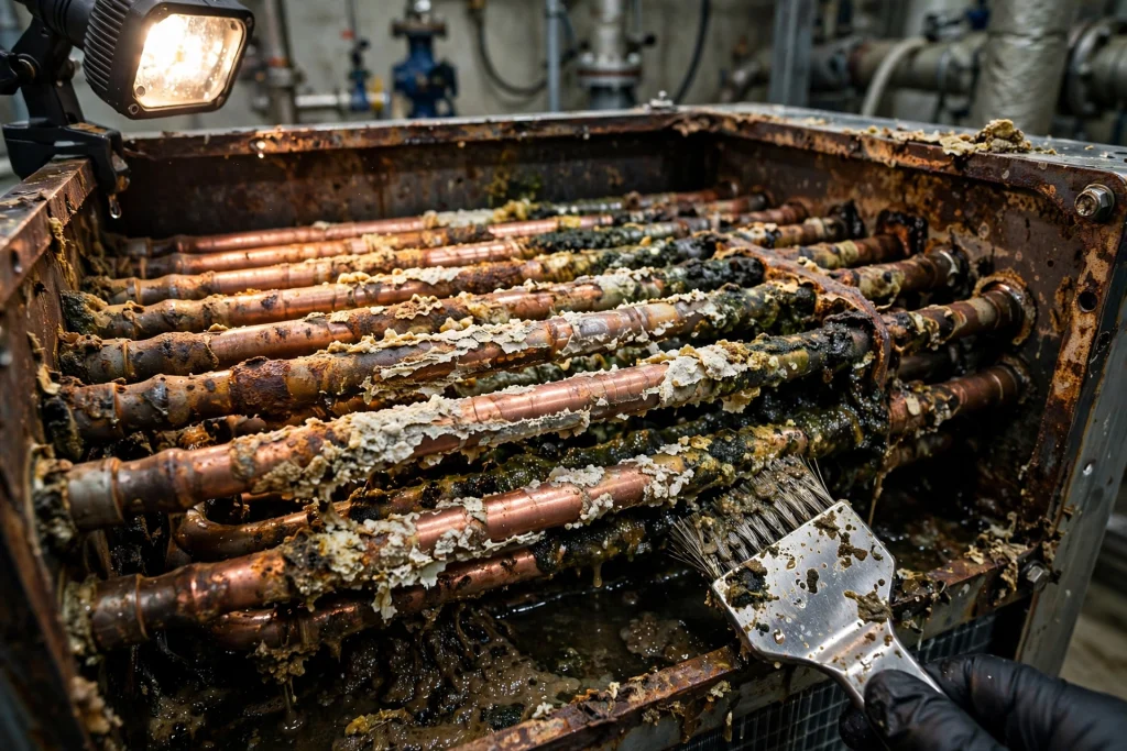 Dirty condenser tubes reducing chiller efficiency