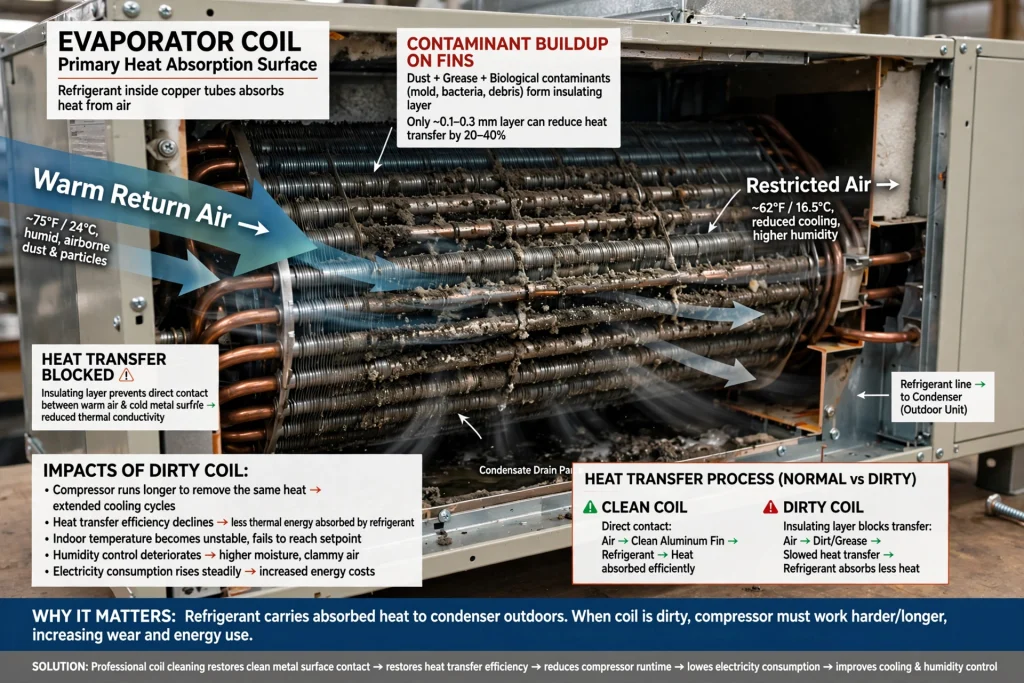 Dust accumulation on HVAC evaporator coil
