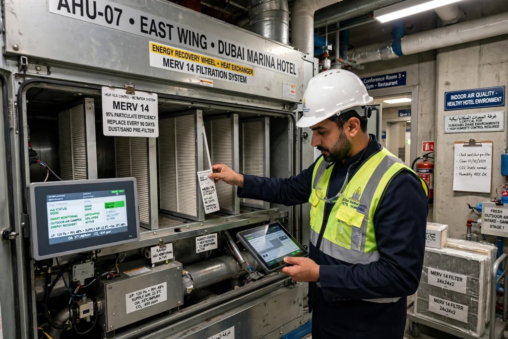 HVAC contractor inspecting hotel air conditioning equipment in Dubai