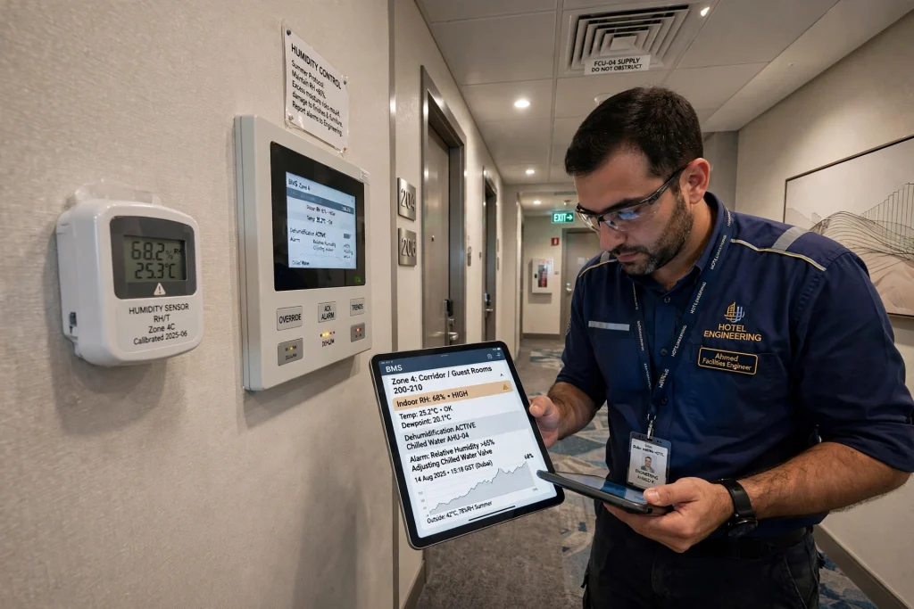Engineer maintaining HVAC equipment inside a commercial hotel mechanical room