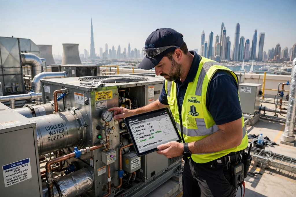 Modern hotel HVAC system providing comfortable indoor temperature for guests