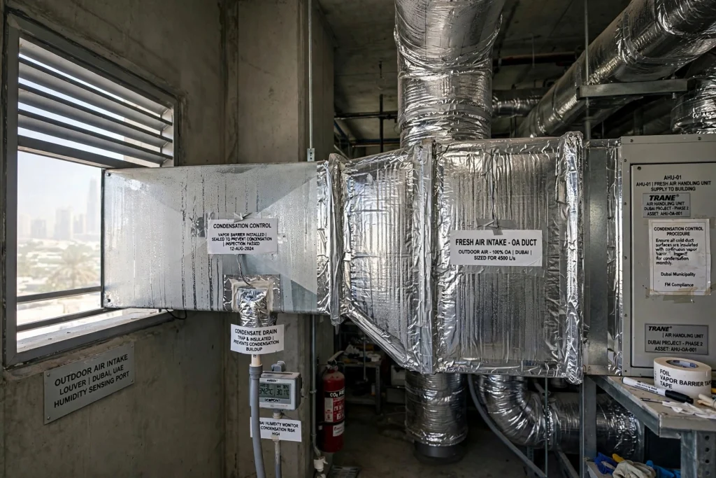 HVAC duct sections prepared for commercial building installation