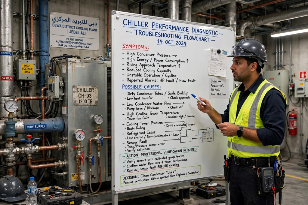 HVAC technician inspecting a commercial chiller system