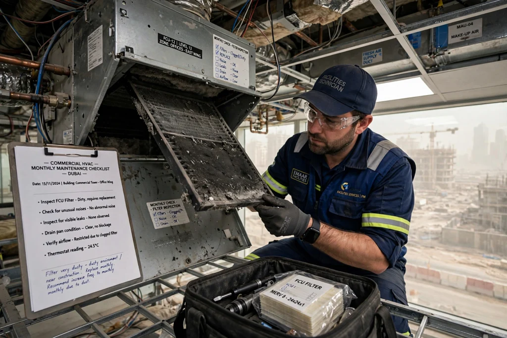technician performing preventive maintenance on commercial HVAC equipment