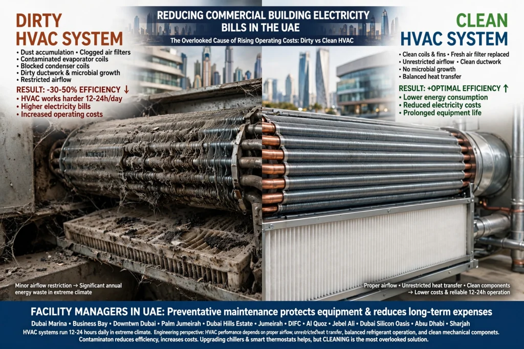 Dirty HVAC air filter reducing airflow in commercial building