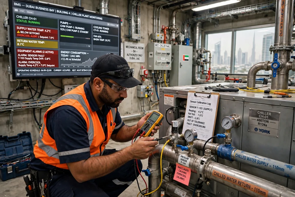 technician checking chiller compressor performance and operating conditions