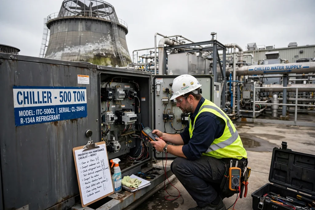 Engineer maintaining industrial HVAC equipment inside mechanical room