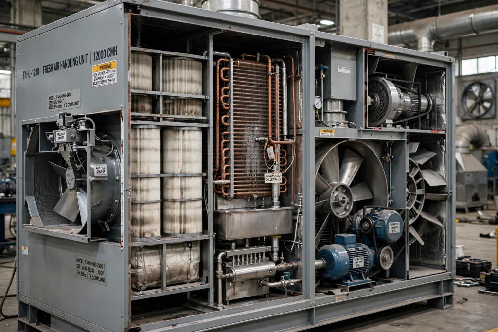 Industrial AHU air handling unit controlling ventilation and indoor air quality