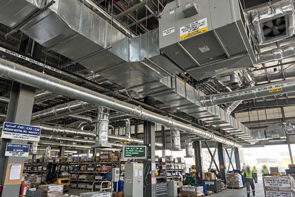 Industrial HVAC system installed for warehouse cooling and temperature control