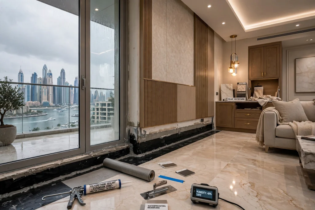 Professional waterproofing membrane installation during luxury interior fit-out project in Dubai