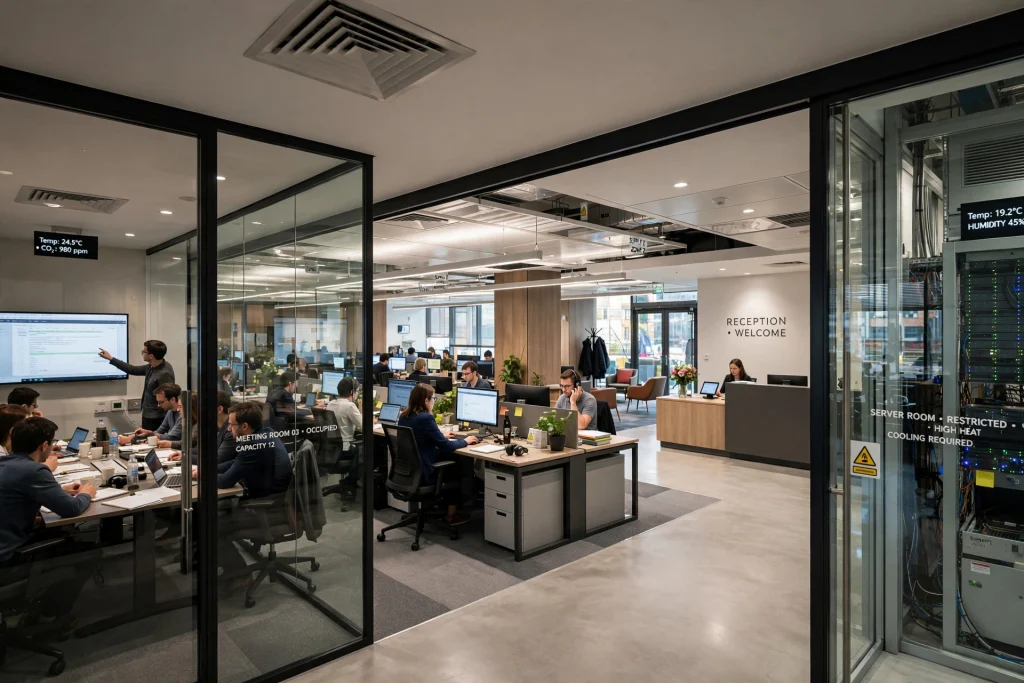Modern office HVAC system providing comfortable indoor climate for employees