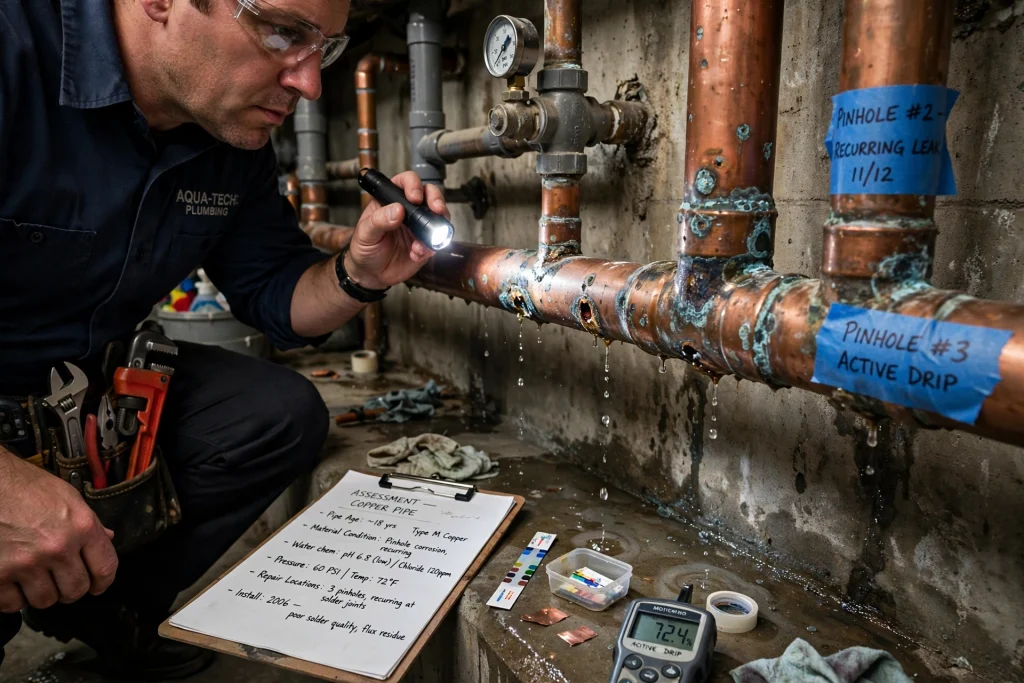 Corrosion damage on copper plumbing pipe