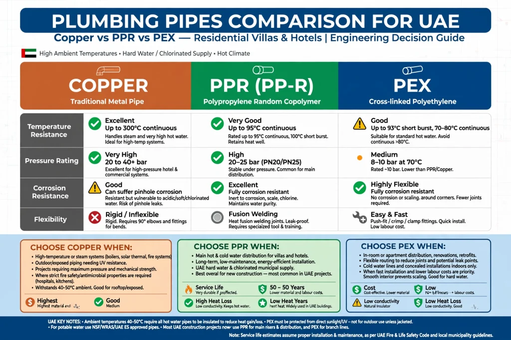 Copper PPR and PEX pipes for plumbing systems