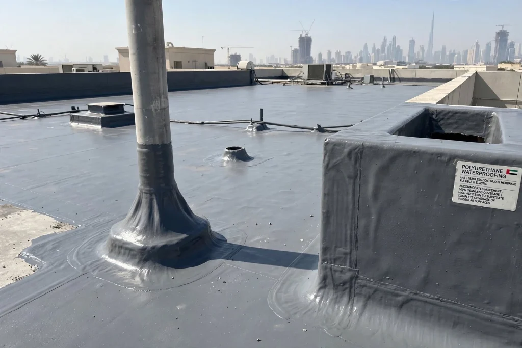 Worker applying liquid polyurethane waterproofing coating to a prepared surface