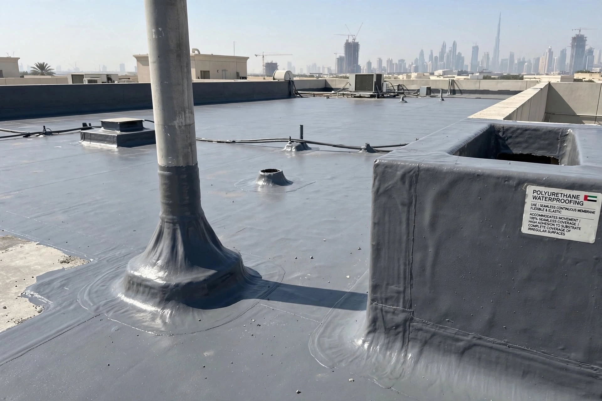 Worker applying liquid polyurethane waterproofing coating to a prepared surface
