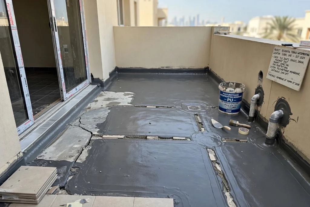Flexible polyurethane waterproofing membrane forming a continuous protective barrier