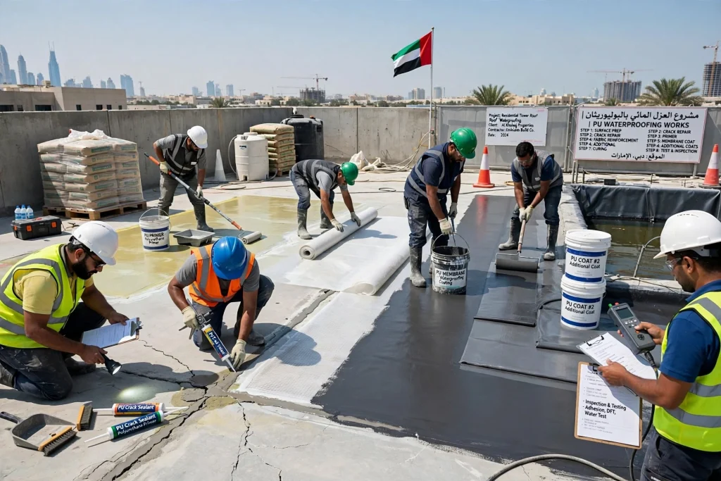 Liquid polyurethane membrane applied to a flat roof for waterproof protection