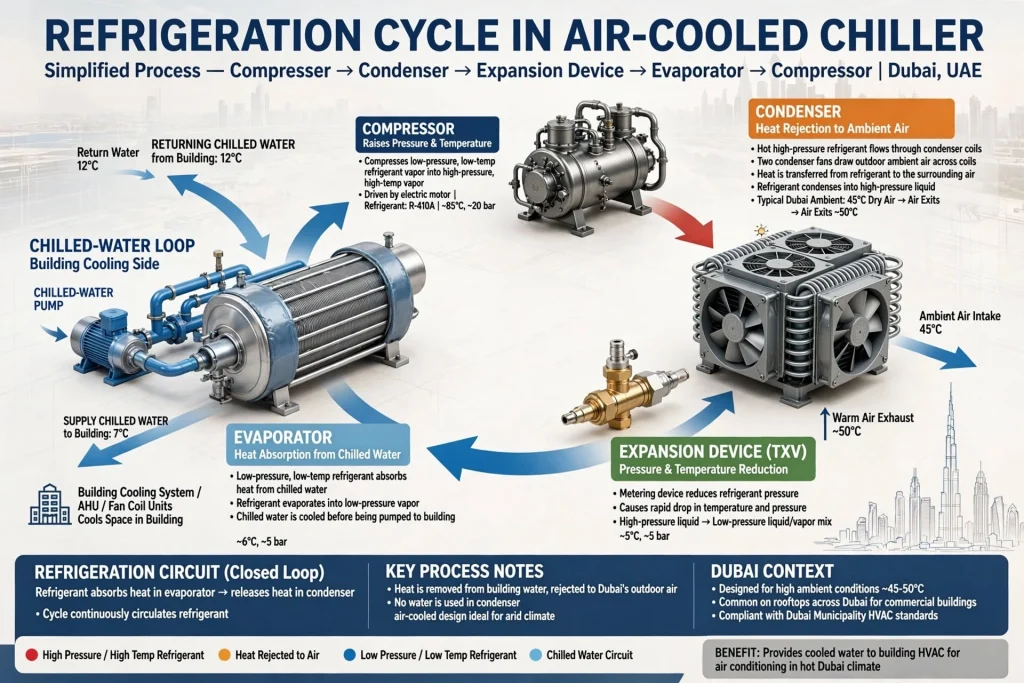 Air-cooled chillers providing cooling for commercial HVAC systems