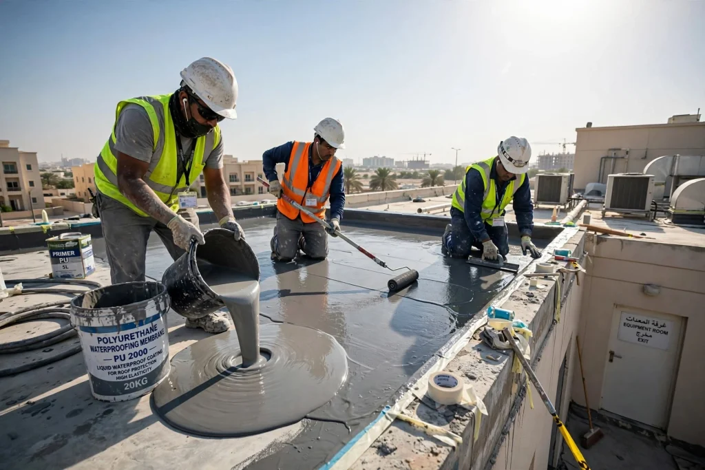 Polyurethane waterproofing membrane applied to a concrete surface for water protection