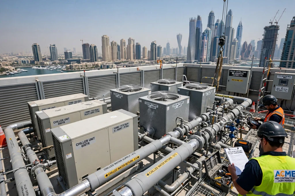 chiller plant showing chilled water pumps cooling equipment and piping